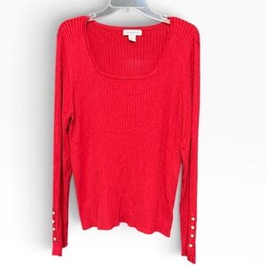 Liz Claiborne Ribbed Sweater Womens XL Red Square Neck Rhinestone Cuff Holiday